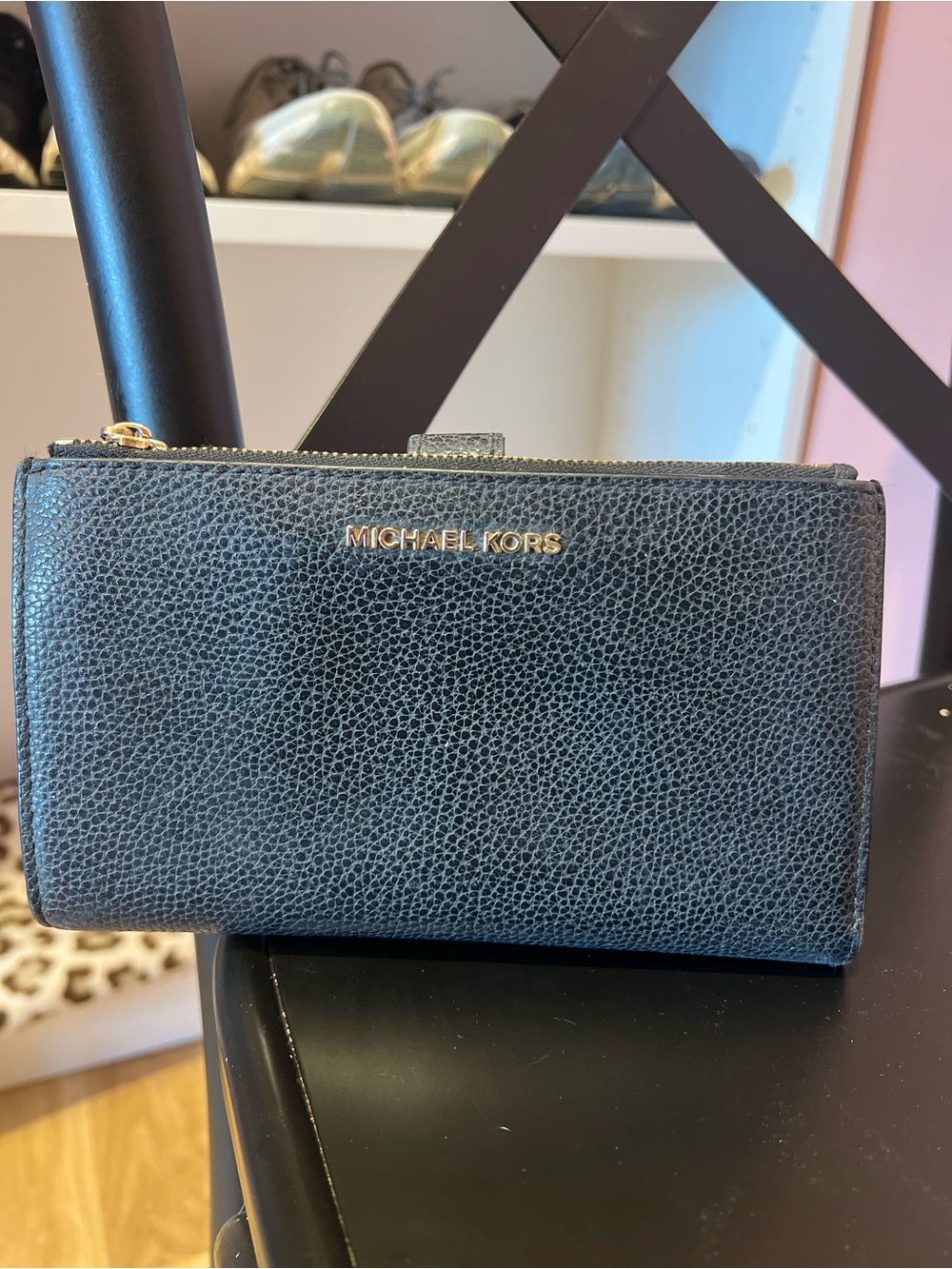 Michael Kors Black Pebbled Leather Zip Wallet with Gold Logo